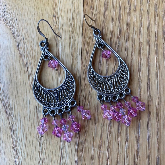 Silver and Pink Beaded Earrings - Picture 1 of 1